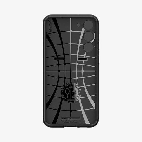 ACS05639 - Galaxy S23 Ultra Case Optik Armor in black showing the back with lens protector slot open